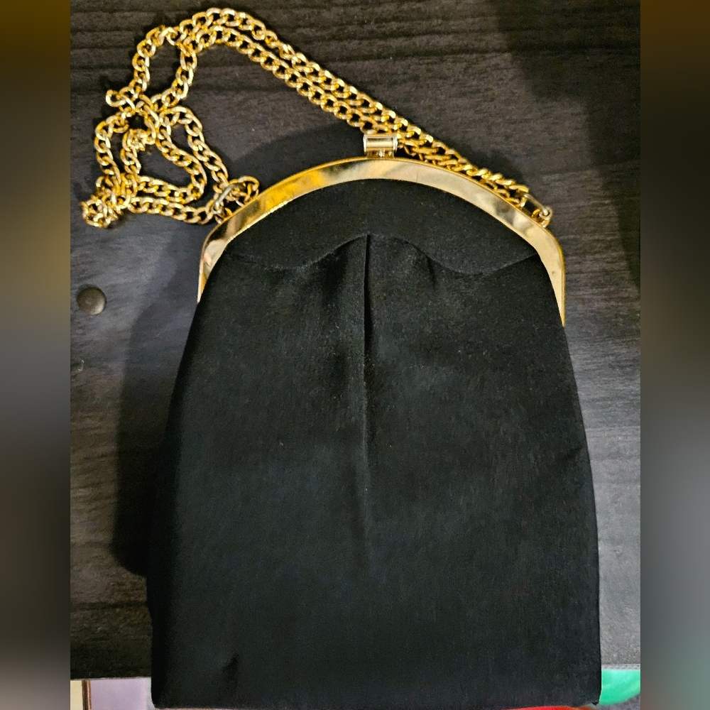 Vintage Madane USA Black and Gold Women's Clutch With Attached Coin Pouch